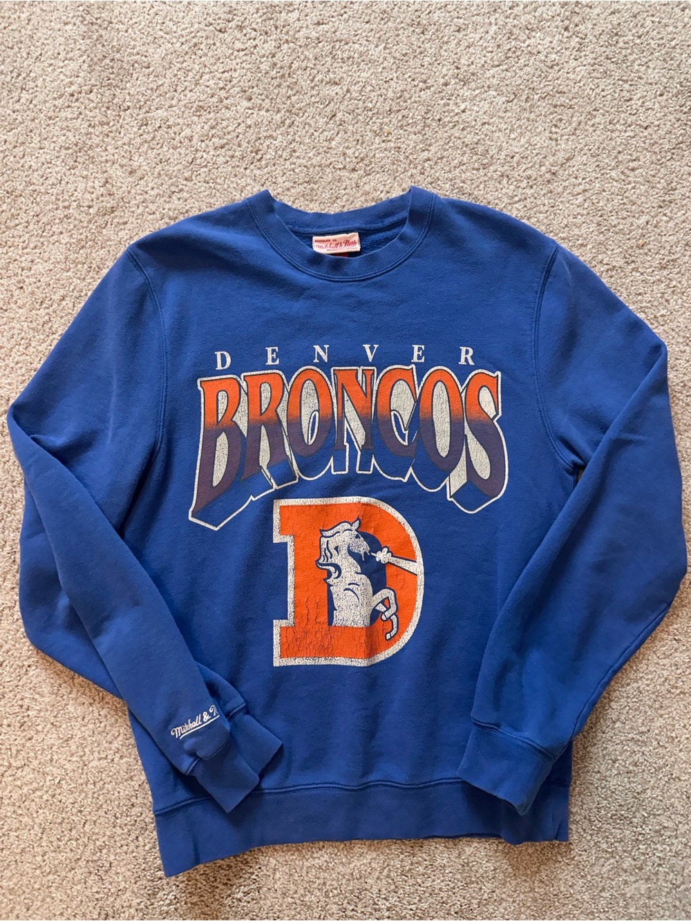Mitchell Ness Retro Denver Broncos Crewneck Sweatshirt Blue Vintage Style Mens S